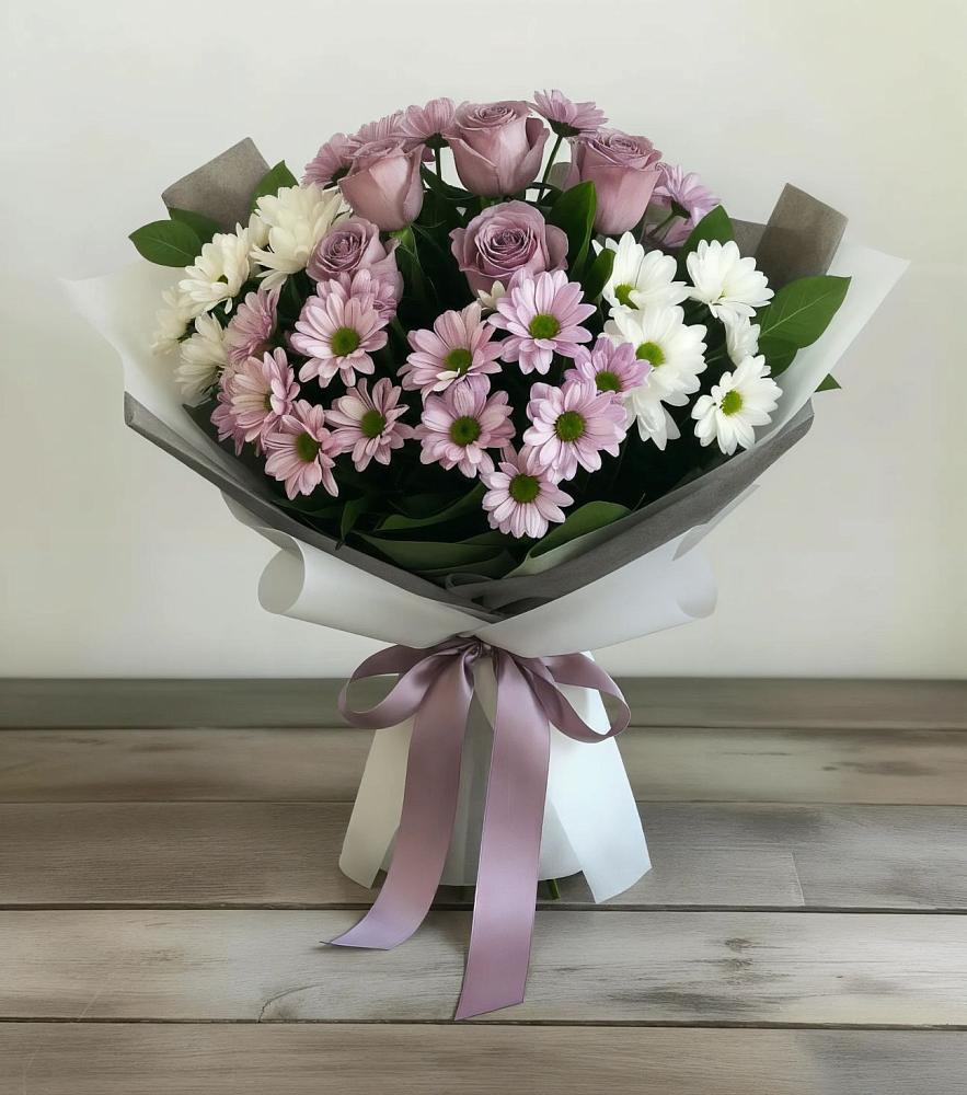 Букет цветов из: Хризантемы и Розы в Борки Новгородская область