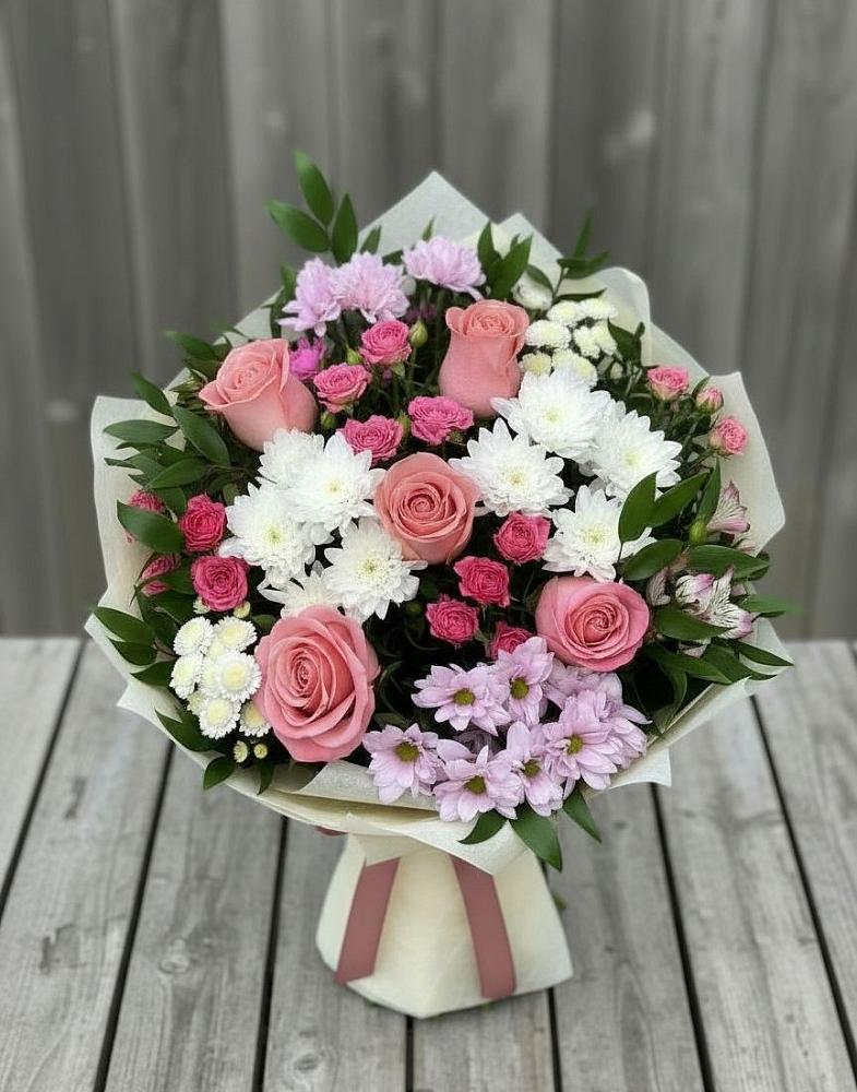 Букет цветов из: Альстромерии, Гвоздики, Розы и Хризантемы в Борки Новгородская область