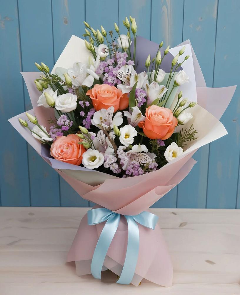 Букет цветов из: Лизиантусы, Розы, Альстромерии и Гипсофила в Борки Новгородская область