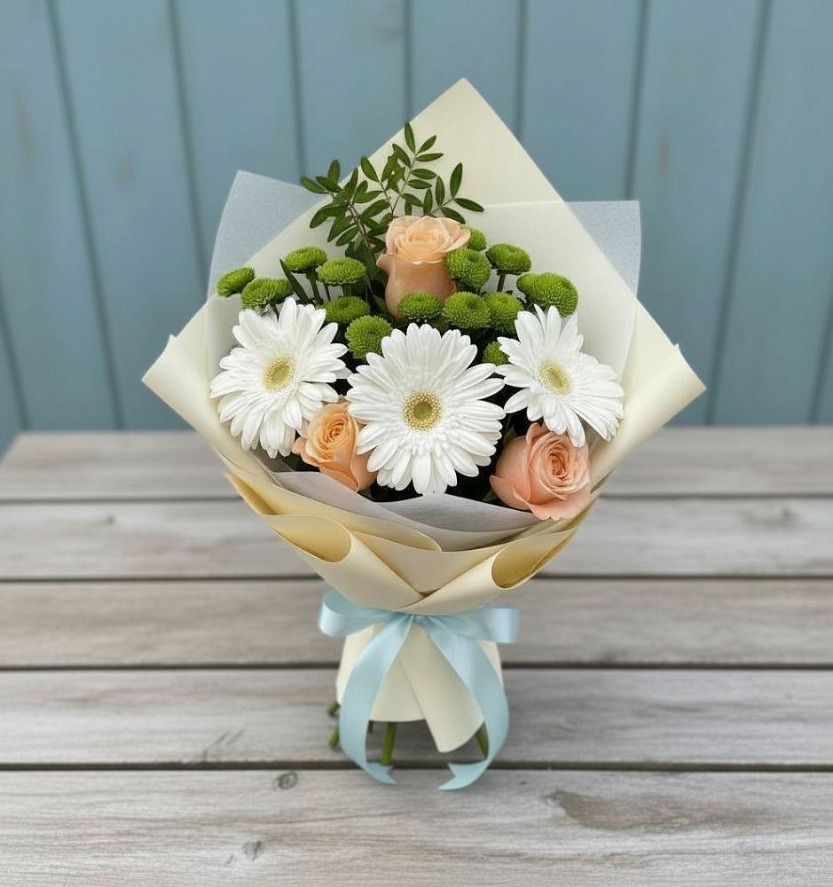 Букет цветов из: Герберы, Розы и Хризантемы в Борки Новгородская область