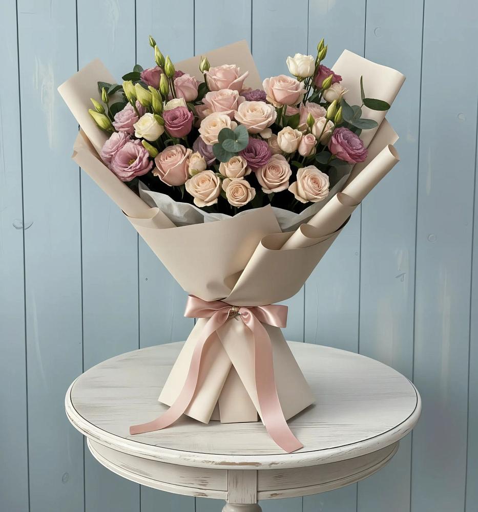 Букет цветов из: Розы и Лизиантусы в Борки Новгородская область