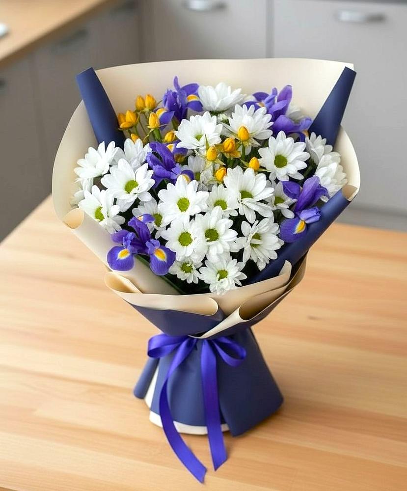 Букет цветов из: Розы, Ирисы и Хризантемы в Борки Новгородская область