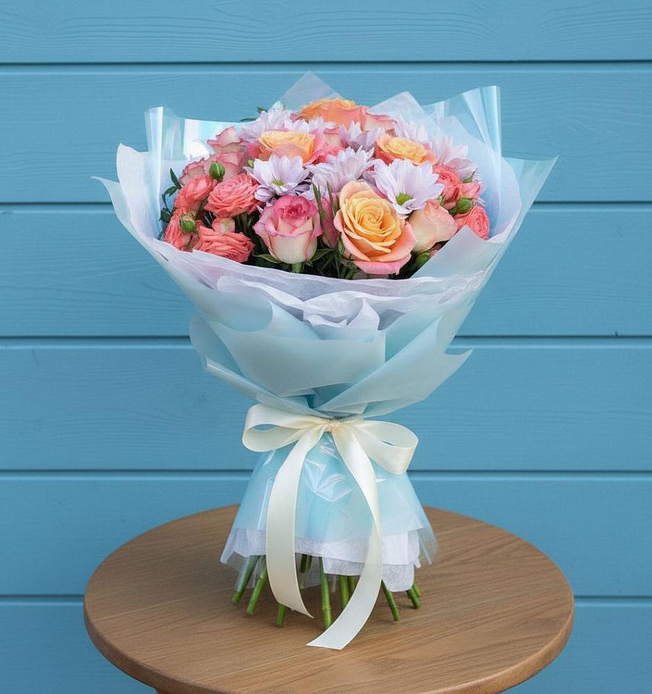 Букет цветов из: Хризантемы и Розы в Борки Новгородская область