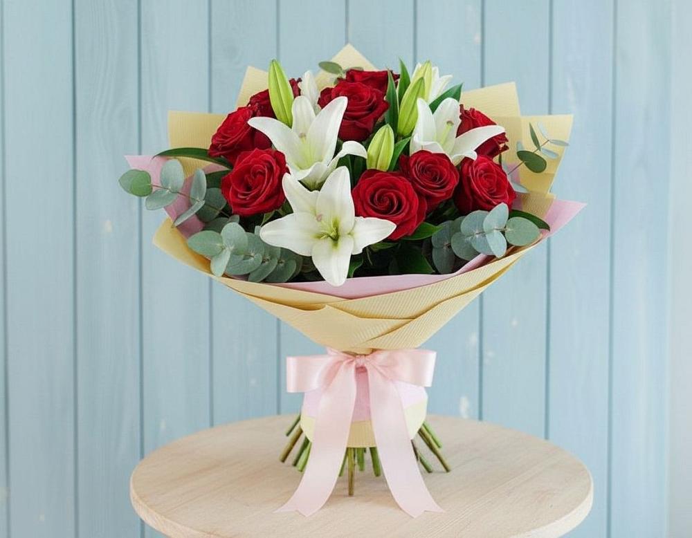 Букет цветов из: Лилии и Розы в Борки Новгородская область